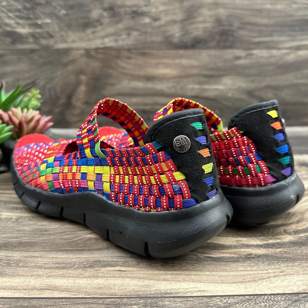 ❌SOLD❌NIB Bernie Mev 39 8 Red Multi Open Toe Woven Stretchy Mary Jane Flats - Picture 7 of 11